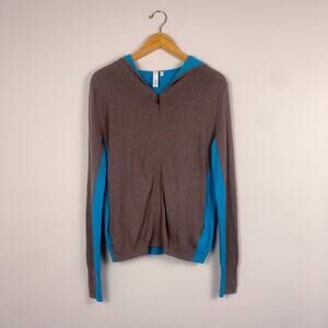 Si-Iae Full Zip Hooded Cotton Cashmere Colorblock Sweater Large